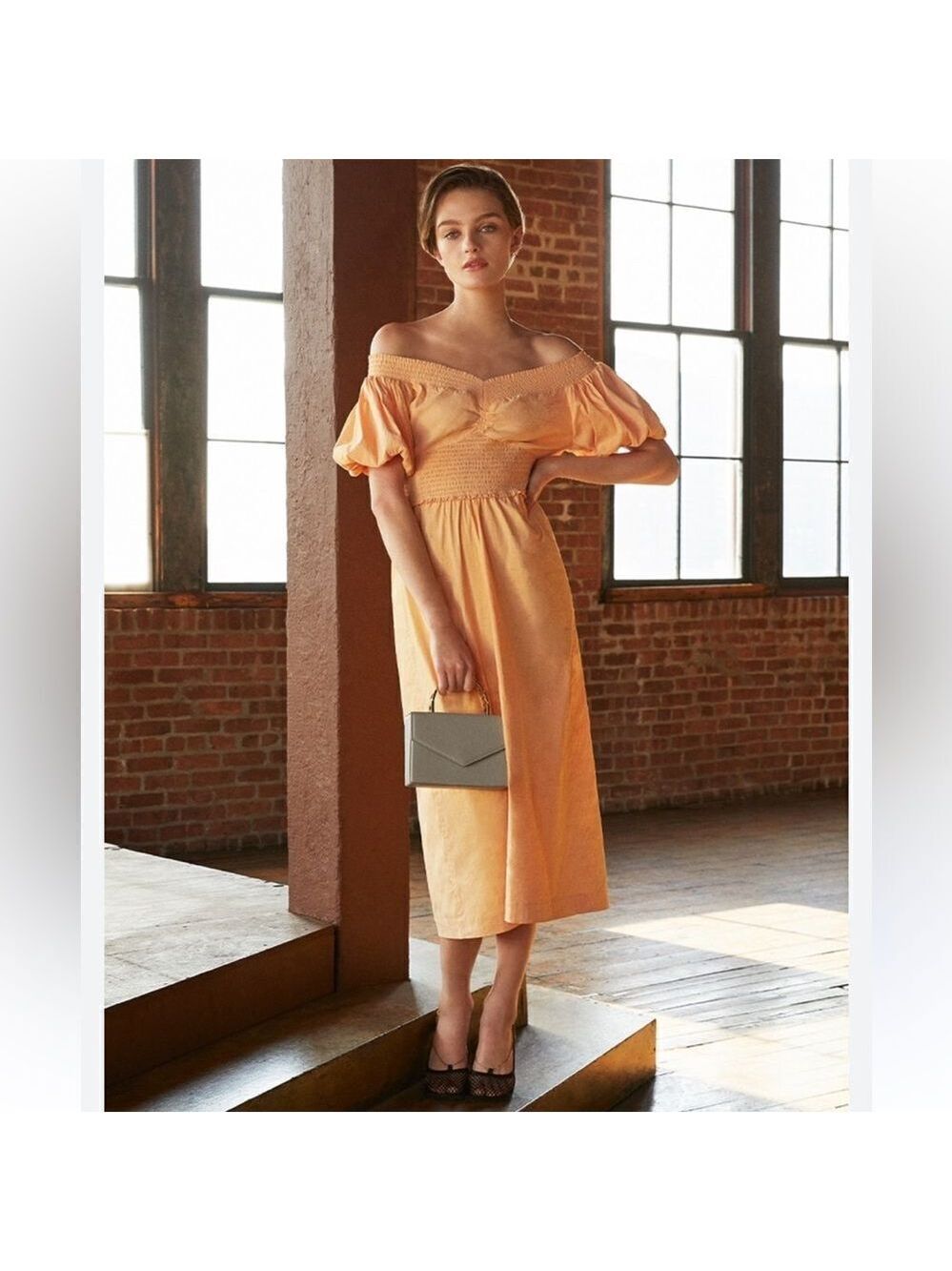 NEW ALC Adena Puff Sleeve Off Shoulder Midi Dress Cantaloupe Size 2